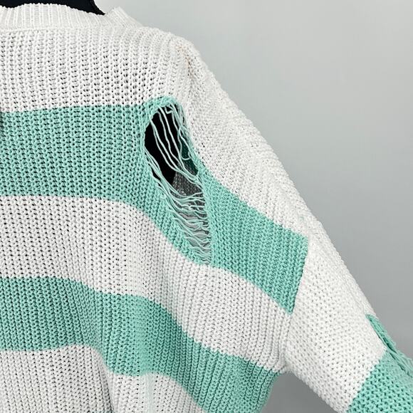Oversized Distressed Chunky Knit Sweater Women’s XL Striped Green White NWT - Picture 8 of 9